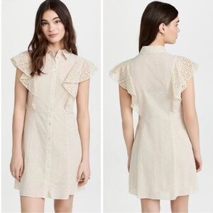 THEORY Nova Eyelet Ruffle Sleeve Button Down Mini Dress Shirtdress Size 4 NEW